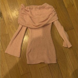 Off-Shoulder Cozy Knit Sweater Dress in Blush Pink